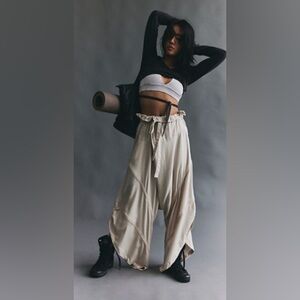 Free People Beige Wide-Leg Paperbag Waist Pants